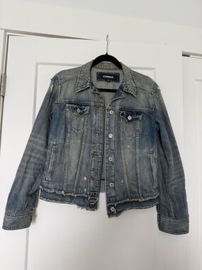 Express Faded Blue Distressed Denim Jacket